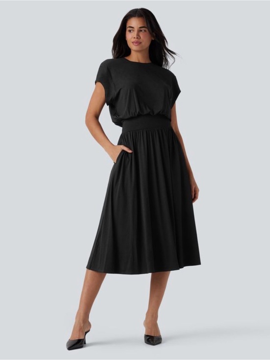HALARA Dresses & Skirts - Halara Tummy Control Batwing Sleeve Flowy Midi Work Dress Pockets Black M